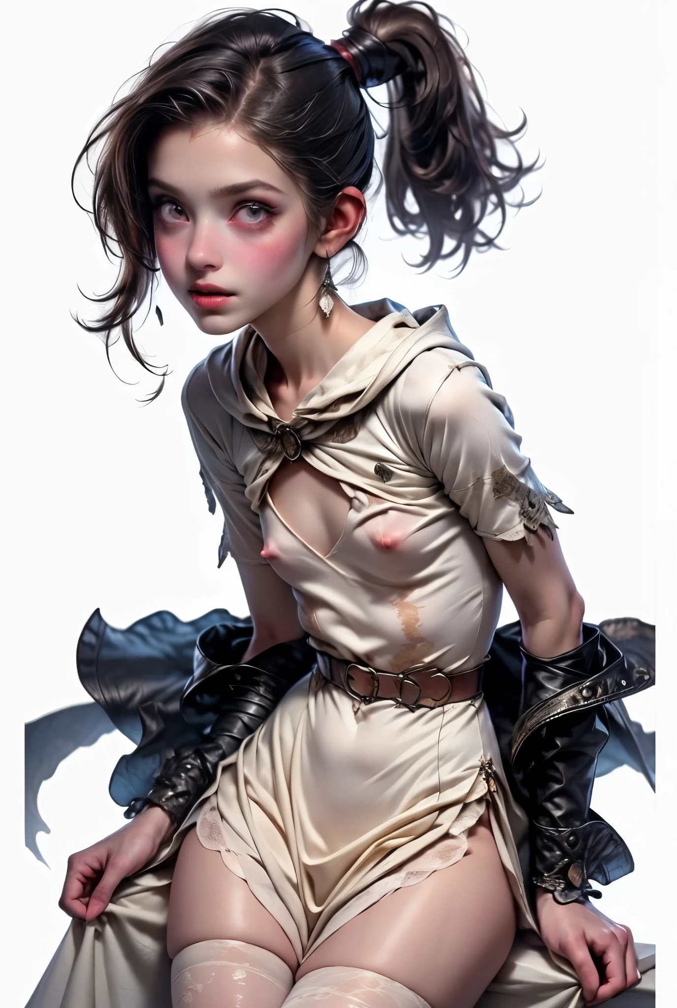 ((best quality)), ((masterpiece)), (detailed), perfect face (((masterpiece, of the highest quality, super detailed))), hand drawn style, hand painted style, watercolour, sketch, a knight, white background, plain background, Bloodborne inspired, tatty Bloodborne attire, occult aesthetic, occult, tatty red and white clothing detailed and intricate steampunk and detailed gothic ta (with a hood), long coat, Complex laced boots, Fluttering lace flared long knee length dress with frilly petticoats, long dress, knee length dress, pleated petticoats, loliress, petticoats gothic lolita aetic, beautiful small breasts, (((flat chest:1.1))), (((( Highly detailed face))), small thin nose, Small thin lips mouth, (((Very sharp focused eyes))), Very large slit precision pale grey eyes that shine like jewels. (looking here), (resolved expression), (resolute expression), ((dark hair)), ((long ponytail, thick ponytail, heavy ponytail)), very long eyelashes, white background, Very dramatic and cinematic lighting, tatty damaged old red and white clothing, full body, whole body, body, ((NSFW))