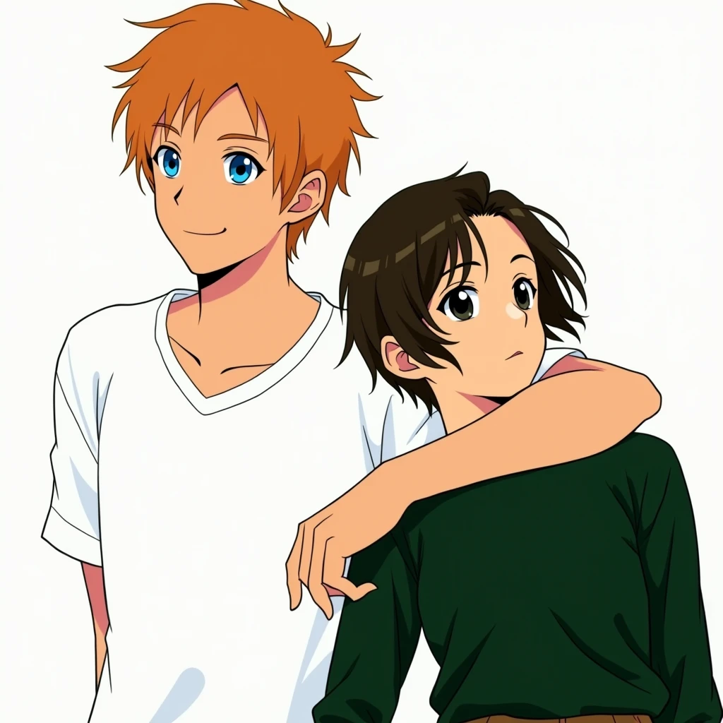 Guy with orange hair and blue eyes, white T-shirt, dark gray pants, holding a girl with very short dark brown hair, black eyes, in a dark green shirt and dark brown skirts, anime art, masterpiece, realistic, over-detailed, professional quality