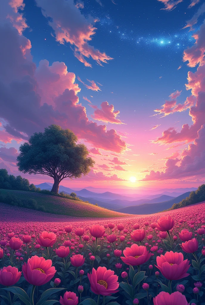 Style anime ky anime. By Makoto Shinkai, Rhads and Lois Van Baarle, makoto shinkai cyril rolando! the enormous flowers of the twilight Hay, Field of Flowers on the Hill, big tree, spectacular sunrise light, impressive paint, colored clouds, Digital paint, pointillism, art station, 8k