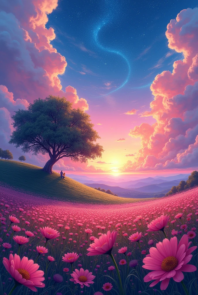 Style anime ky anime. By Makoto Shinkai, Rhads and Lois Van Baarle, makoto shinkai cyril rolando! the enormous flowers of the twilight Hay, Field of Flowers on the Hill, big tree, spectacular sunrise light, impressive paint, colored clouds, Digital paint, pointillism, art station, 8k