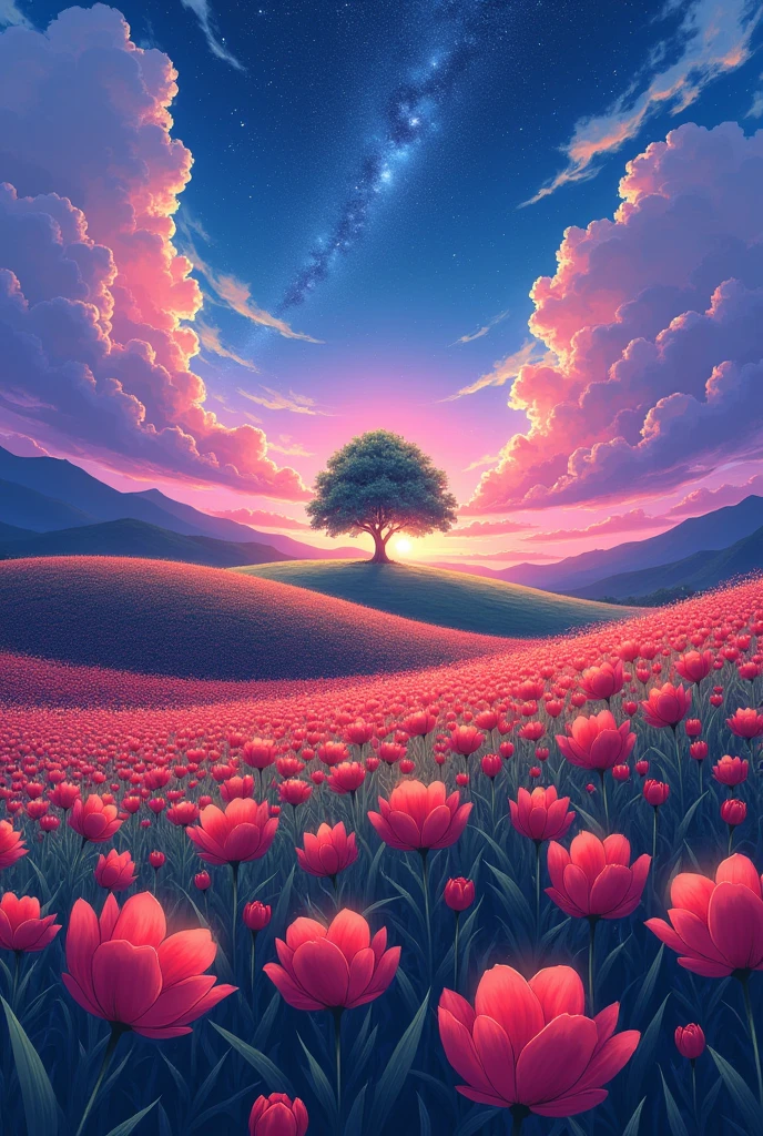 Style anime ky anime. By Makoto Shinkai, Rhads and Lois Van Baarle, makoto shinkai cyril rolando! the enormous flowers of the twilight Hay, Field of Flowers on the Hill, big tree, spectacular sunrise light, impressive paint, colored clouds, Digital paint, pointillism, art station, 8k
