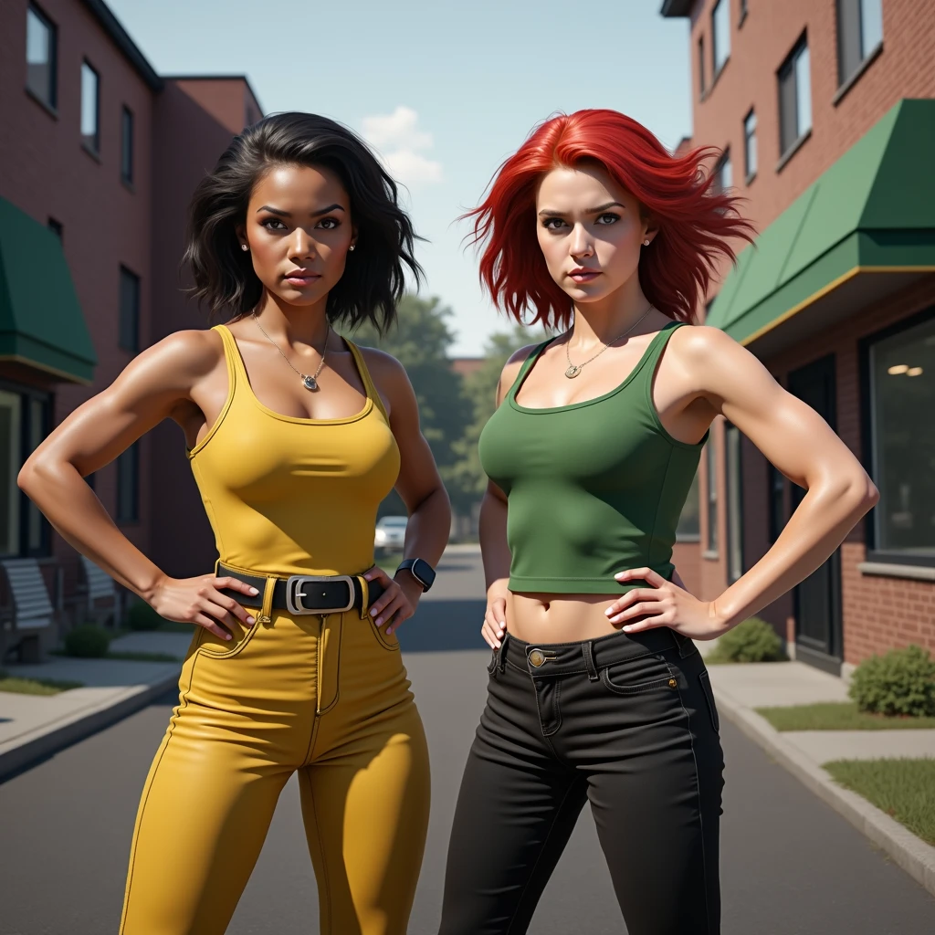  two young ladies,displaying their own power.((one is brutally cunning and the other is cunningly brutal)).((rude,brutal,strenght,badass,boss,ugly,primordial)),((green,yellow, black, red)),(( Full figure wiew)). ((Three quarter wiew)),((deep wiew)),modern suburbs scenario background,photographic,ultra high resolution,hyperdetailed, masterpiece, 3d modelling, digital art.