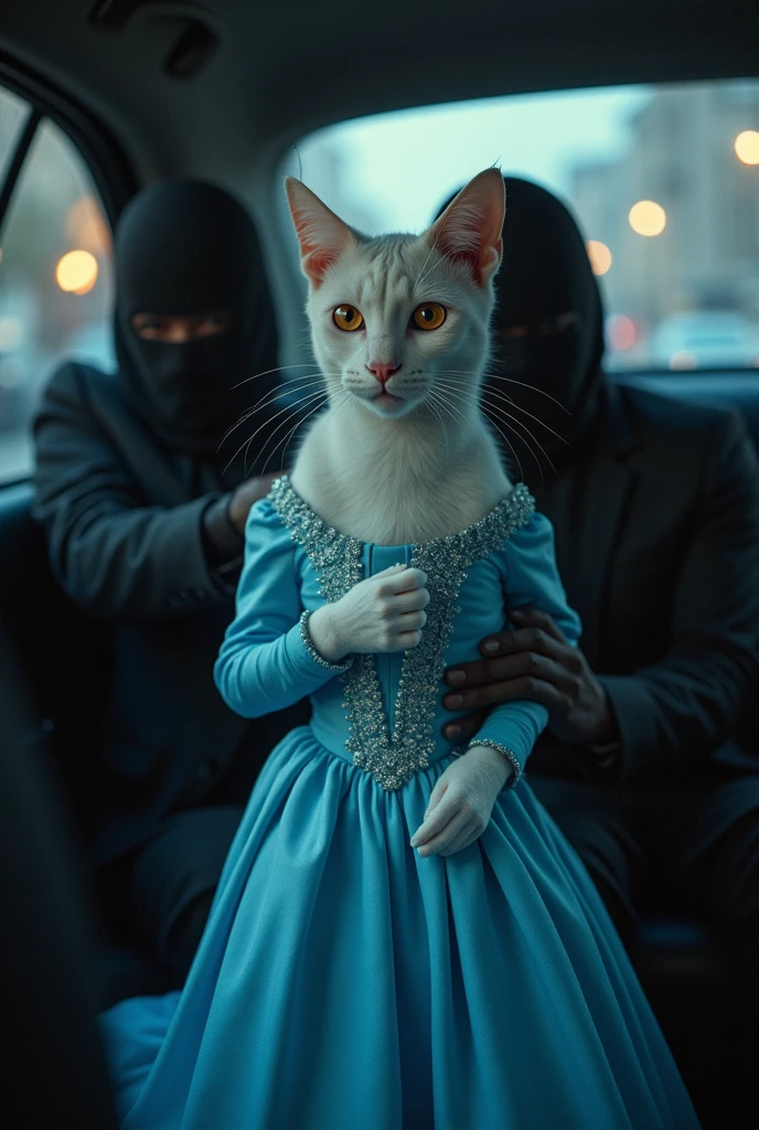 A tall beautiful white female cat dressed in blue frock kidnapped by robbers in car