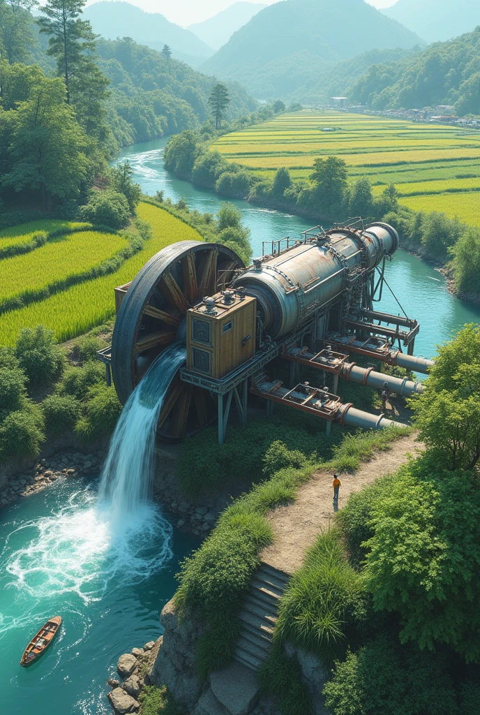 A bioenergy powered water pump machine, who is taking water from the river and collecting it in a water wheel so that it can move, and the pipe that flows through the rice fields and residential areas fell