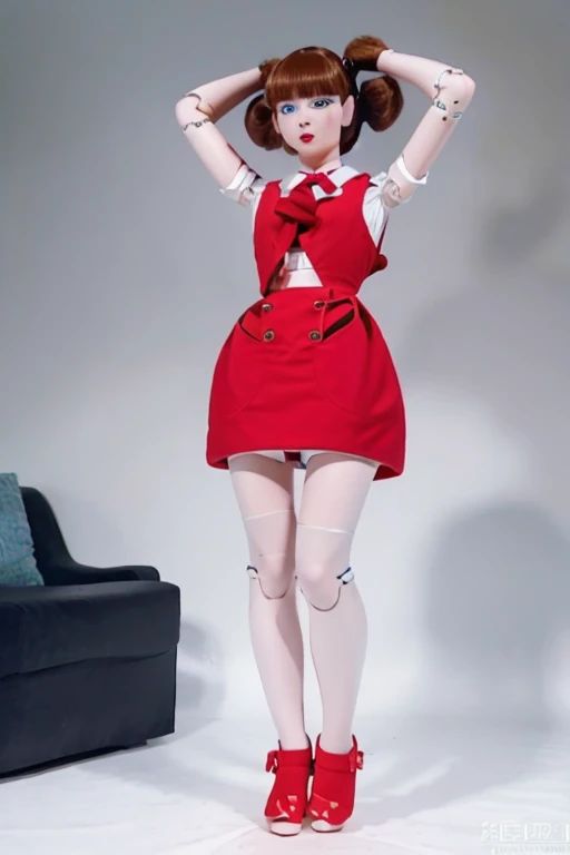android, beautiful robot. android with blue eyes. Her brown short pigtails are very short and tied with two big red clothespins, joint seam, black eyes, full body figure, Height: 160cm, She wears only micro mini pantie, show pantie, Uplifting, 21th century japan animation, she wares nothing. She is inserted penis by invisible man.