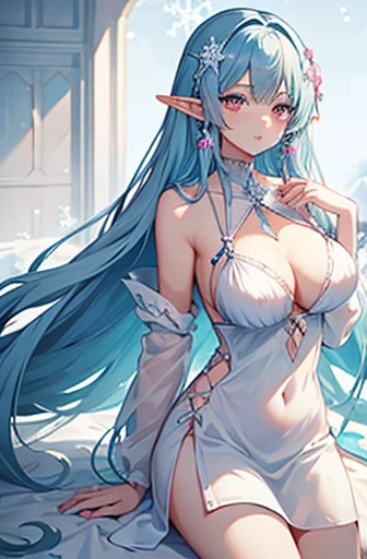 Anime, woman, long hair, pale blue hair, pink eyes, gently, earrings, big boob, wearing a nightgown, beautiful, elegant, pure, fantasy, ice, snowflake, snow land, cool, noble, elf, crystal, stay in thorn room,