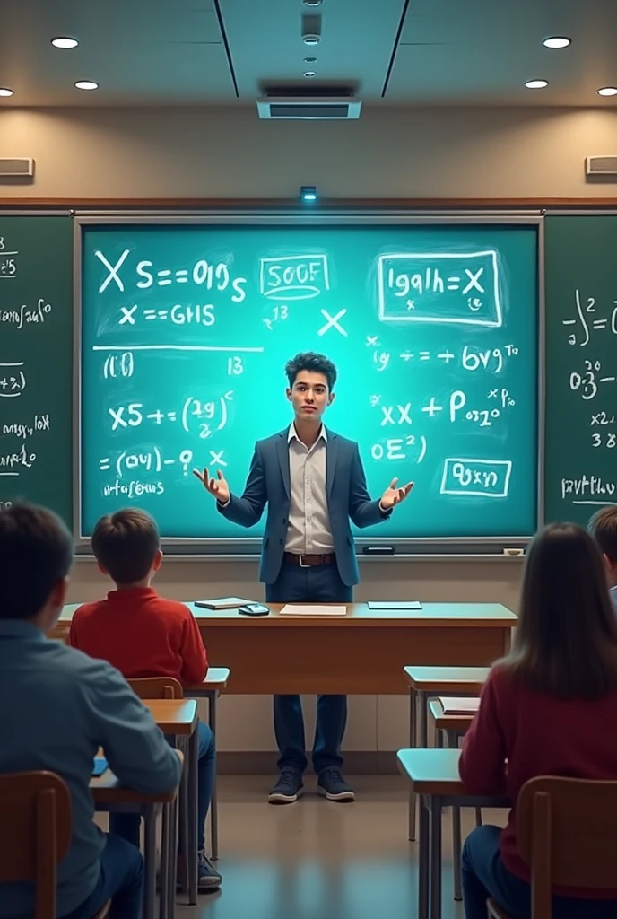 A young men teacher who is teaching maths at smart board.at board maths formula are written 