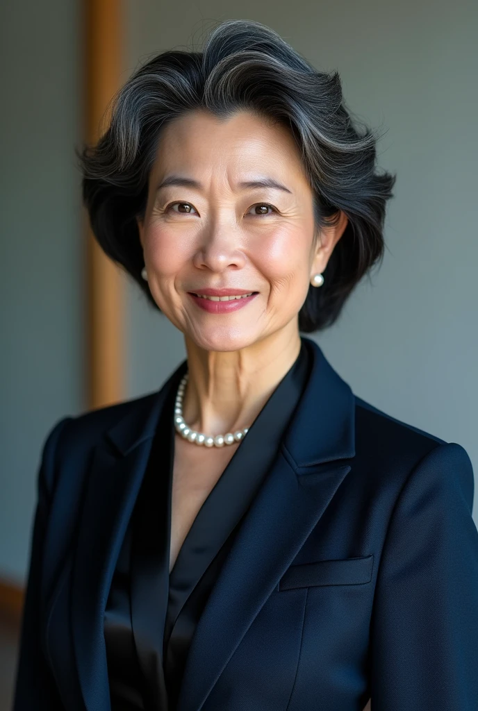 High quality, 4K, Japanese, female, 5, black hair mixed with gray hair, straight hair, wrinkles at the corners of the eyes, nasolabial folds, pearl necklace, large bust, dark blue women's suit with a heavy design (front of jacket open), black satin ribbon blouse underneath, smiling, looking at camera, sharp gaze,