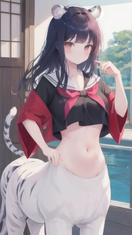 (best quality, masterpiece), 1 girl, centaur, I beg, White skin, Japanese schoolgirl,daughter,black pink, exposing the abdomen, belly button t-shirt , beautiful girl perfect, White tiger photo, 완벽한 White tiger photo