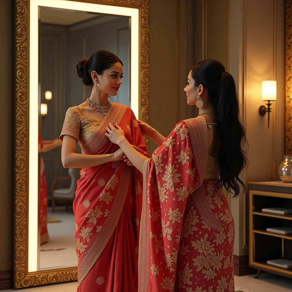 A luxurious Indian saree draping experience set in an upscale salon. The scene features a graceful woman wearing a richly embroidered saree, being elegantly draped by a skilled beautician. The saree is vibrant with intricate designs, reflecting traditional Indian craftsmanship. The woman stands in front of a large ornate mirror, with soft, ambient lighting that highlights the rich textures and colors of the saree. The salon has a modern yet culturally rich interior, with a blend of contemporary decor and traditional Indian elements like gold accents and intricate patterns. The atmosphere is serene and refined, showcasing the elegance and sophistication of the saree draping process for high-end clientele.