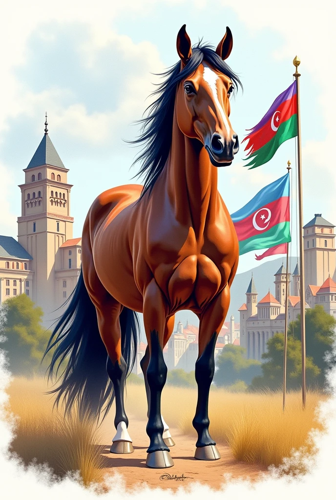Horse in Azerbaijan with flags and background city Shushi watercolor