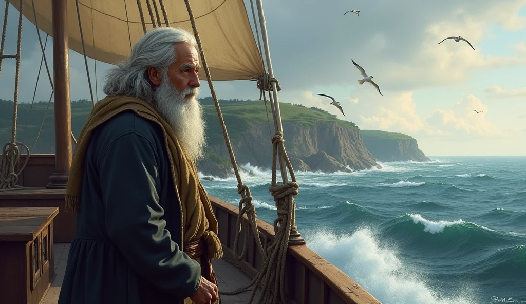 Image Prompt: A scene of John White aboard a ship, now visibly older, standing at the bow as the coastline of Roanoke Island comes into view, his expression a mix of anticipation and fear.