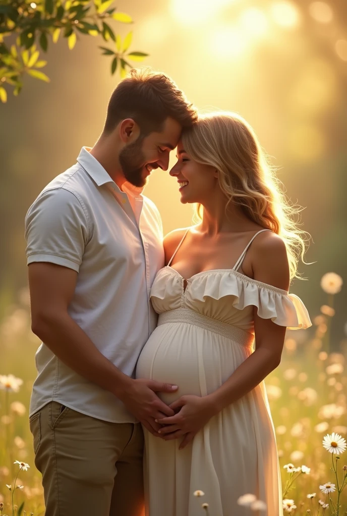 Create a pic of a pregnant lady with her husband.