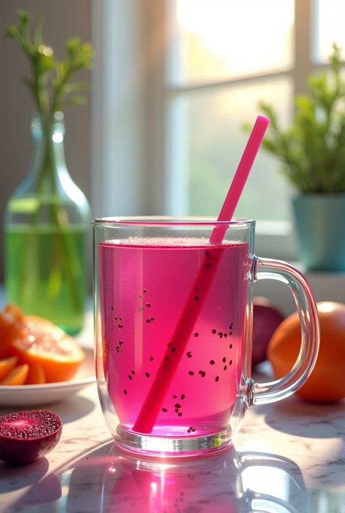(photorealism:1.2), beautiful transparent mug with a pink glassy handle with a beetroot watery drink. Chia seeds are floating in the mug. and with a "glass's straw which is also transparent ". Keeping it on a table of marble beside the window. Some colorful like green, orange, purple objects are surrounding it. A realistic scenario of a warm day