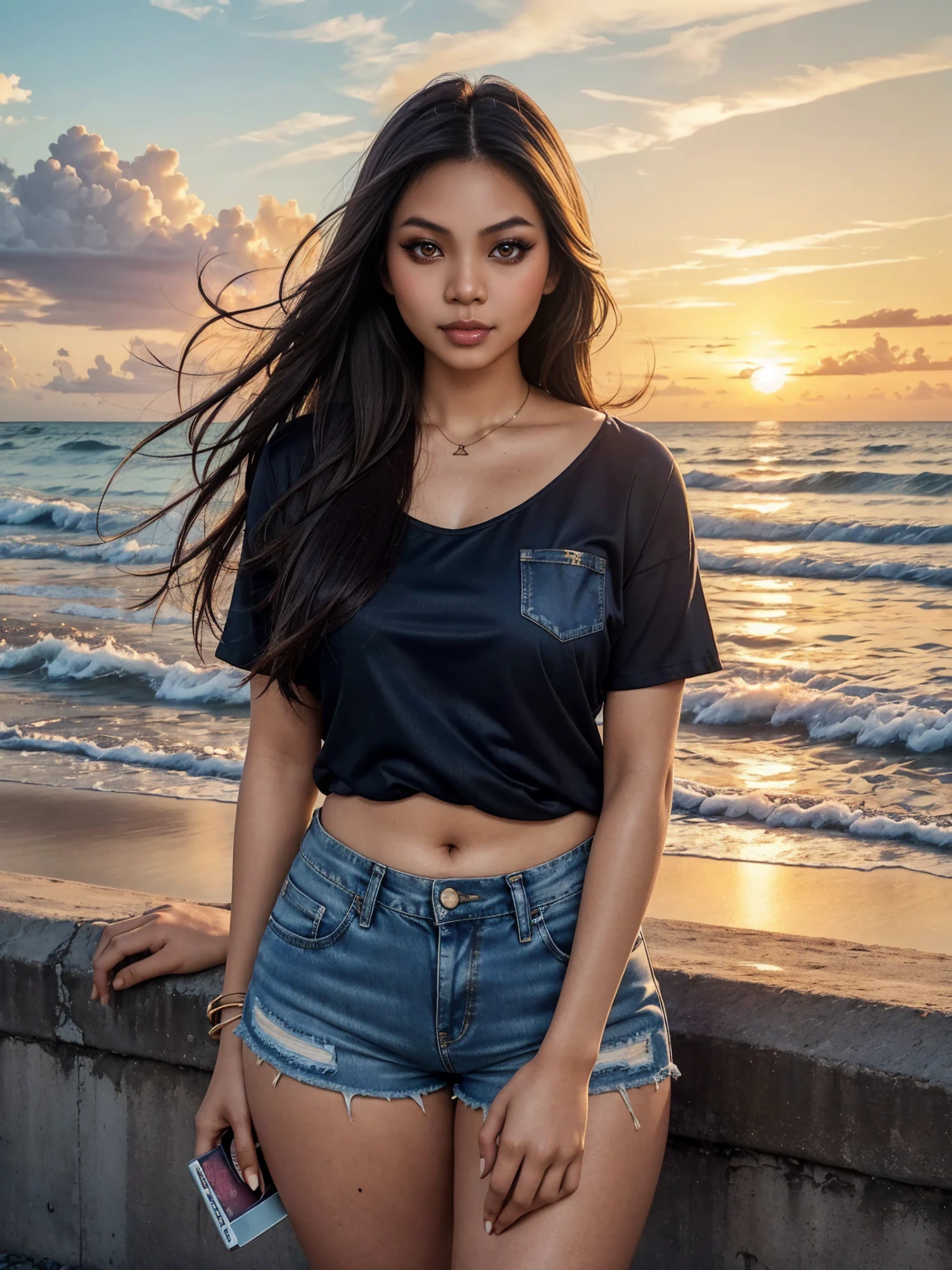 (SFW, Beautiful aesthetic sexy Malaysian|Filipina female model:1.3), thicc hourglass figure, wearing denim shorts and shirt, long messy hair, beach ruins at sunrise, soft fill lighting, freckles, perfect eyeliner and eyeshadow