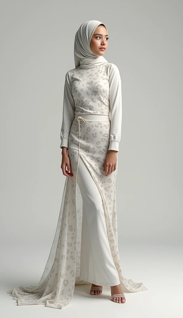 a beautiful and thin malaysian muslim ager girl wears white clouded leopard print lycra turtleneck unitard catsuit and white clouded leopard print lycra dancewear hijab-like hood.