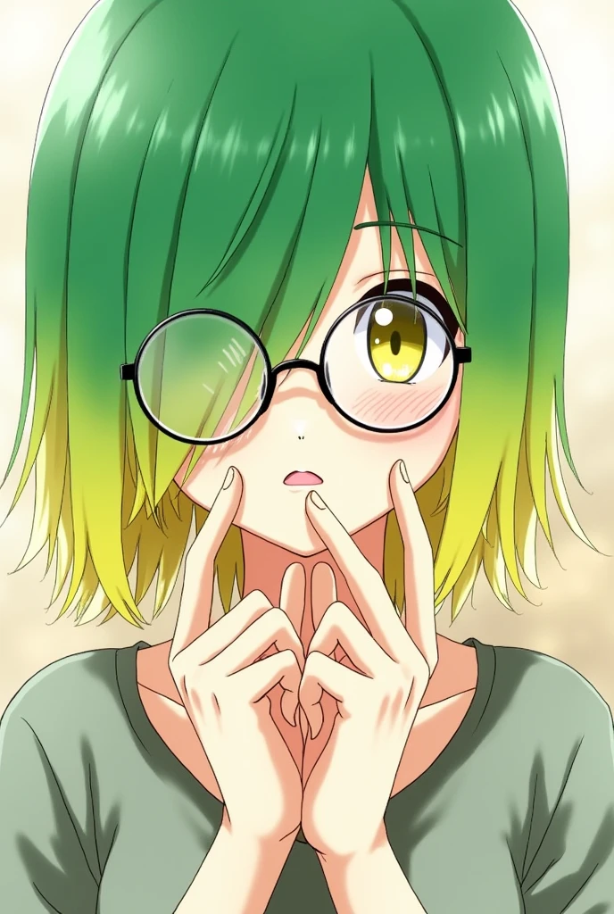 Anime 2d, yellow eyes wear glasses Green and yellow Ombre hair type :lefts eyes hiddens 