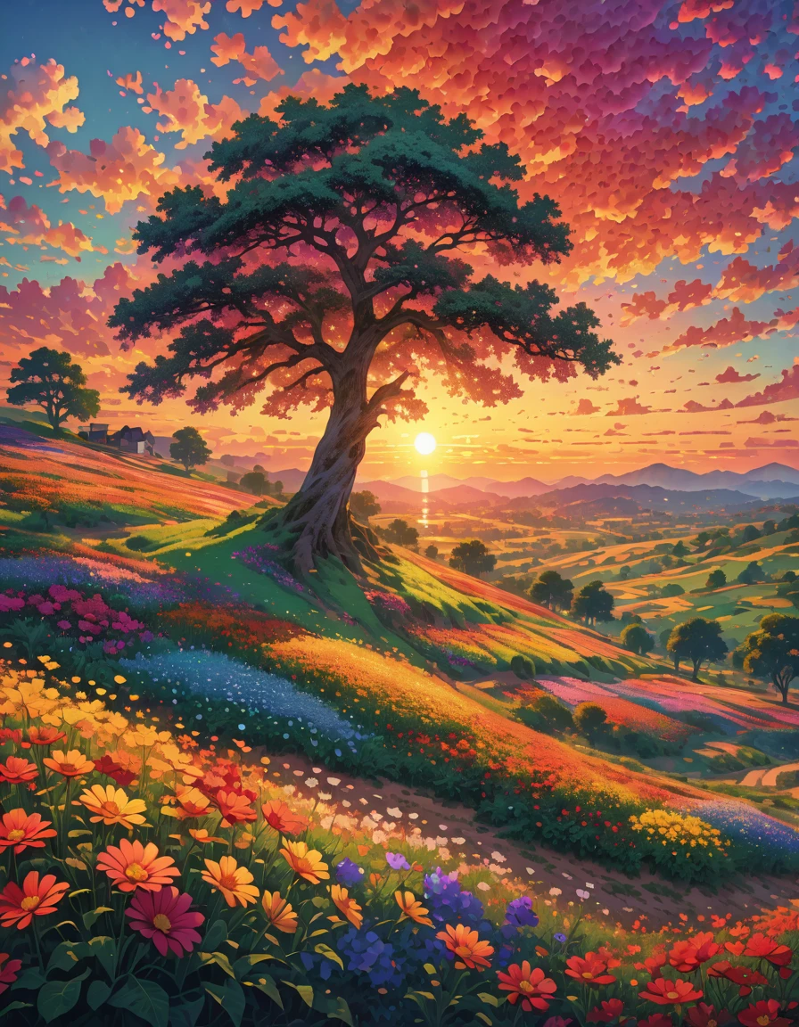 There are huge flowers, Field of Flowers on the Hill, big tree, spectacular sunrise light, impressive paint, colored clouds, Digital paint, pointillism, art station, 8K4k highly detailed, Beautiful UHD 4K art, Beautiful summer landscape, amazing wallpaper