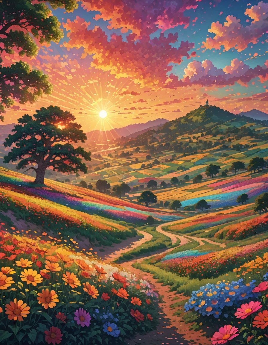 There are huge flowers, Field of Flowers on the Hill, big tree, spectacular sunrise light, impressive paint, colored clouds, Digital paint, pointillism, art station, 8K4k highly detailed, Beautiful UHD 4K art, Beautiful summer landscape, amazing wallpaper