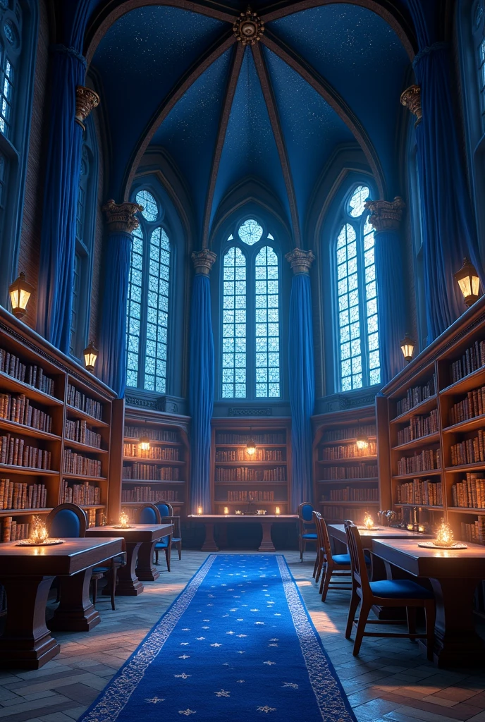 Castle Towers, Harry Potter, Ravenclaw, Halls, arched windows, Blue silk hanging on the walls, Starry vaulted ceilings, Dark blue carpet with stars, Tables, Sitting chairs, bookshelves on the floor