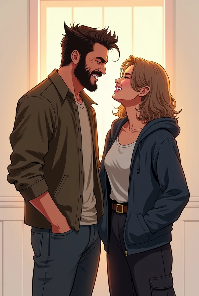 Create a picture of wolverine where he Lea, a girl with shoulder-length curly light brown hair, she is a bit big. She wears black baggy pants and dark blue hoodie jacket , they laugh together