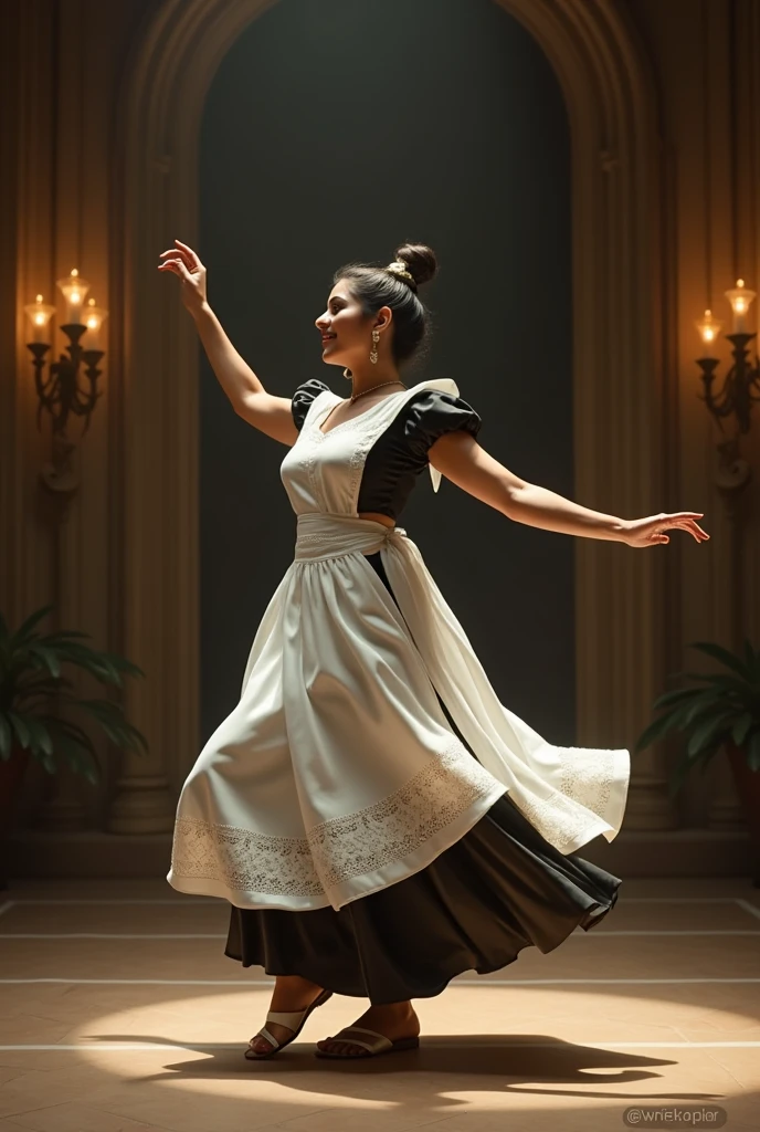 ((best quality)), ((masterpiece)), (detailed), create a Indian actress Sreeleela wear a maid outfit and maid showing her dance move