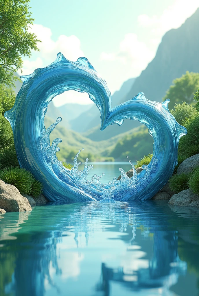 (photorealism:1.2), beautiful water design, beautiful abstract figures made of water, masterpiece, a heart made of water with joyful landscape, fresh and modern style