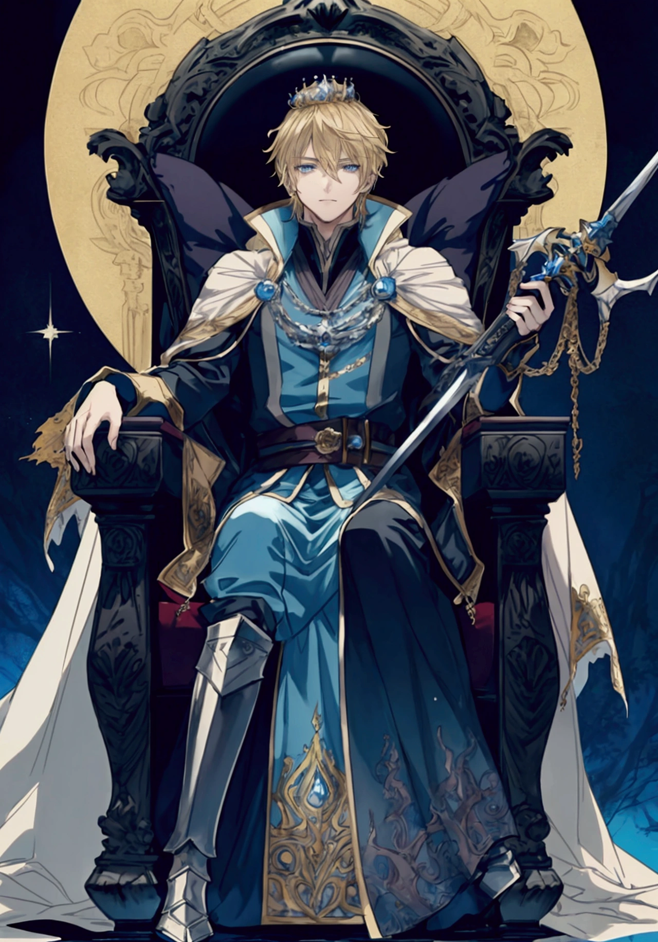 (Masterpiece), ((Highest Quality)),(Official Art),Dark european fantasy:1.2),(1 solo male anime king: 1.3), A mysterious king with short yellow-blonde hair, blue eyes, intricate white-gold cape, wearing a large royal crown. He wields a large sword in a dark throne of ice. Overcast nighttime. Dark bluish lighting. Low brightness. Angle from below (close). Detailed drawing. Detailed eyes. Masculine jaws. Soft fairytale picture, Arthur Rackham. Colorful, best detailed ((super detailed)), (highly detailed 2D anime king illustration), ((dark and beautiful))