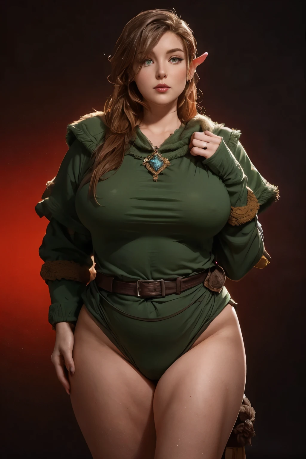 Beautiful, curvy ginger-haired ((dwarven woman)) in her 30s, with green eyes and striking features, exuding maturity and allure in a seductive pose against a dark red background. She has a (((short stature)) and a (chubby build).