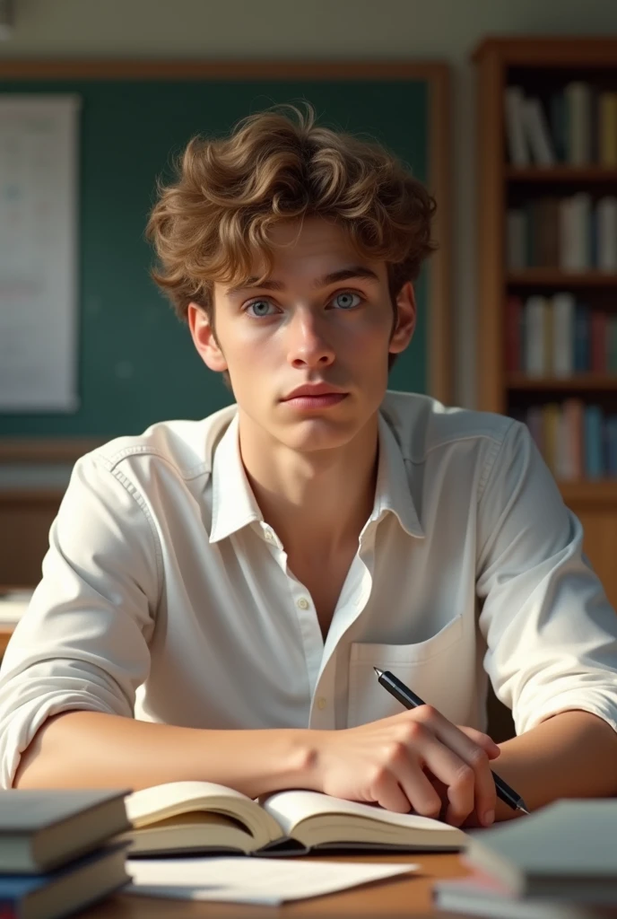 make me a picture of an 18 year old boy with brown curly hair, has blue eyes who is studying in class wearing a white shirt