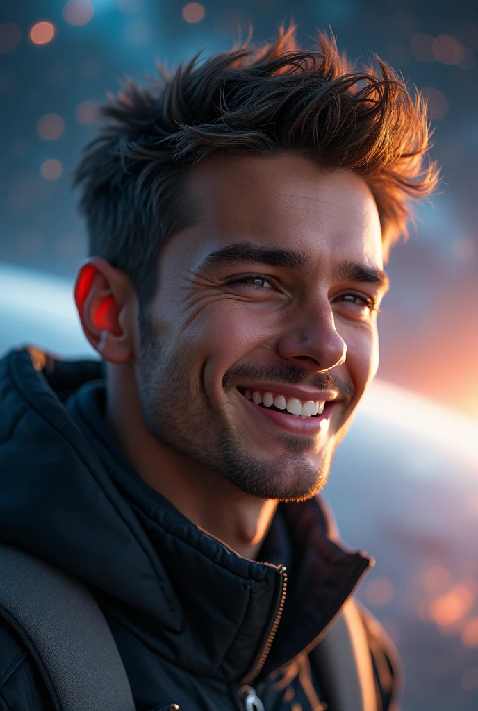 (masterpiece), (highly detailed), wallpaper . space, science fiction,young, smile, handsome science fiction friend, 8K, HD
