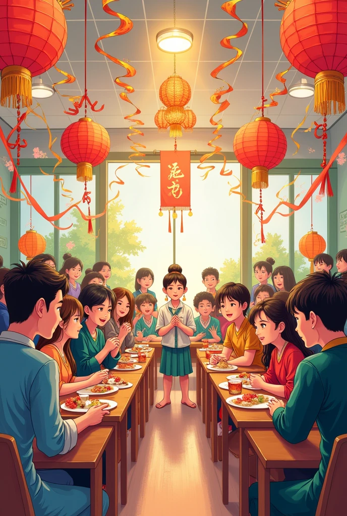 Make me a festival design inside a classroom to celebrating a festival, classroom with festival decorations,line art