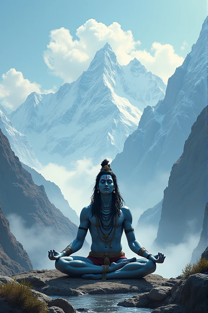 Lord shiva doing meditation in Himalayas background, front view