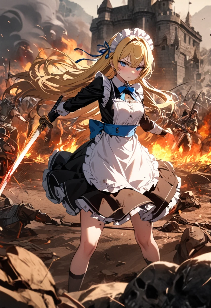 (8k, super high quality, masterpiece), (detailed), One Woman, Small breasts, Blonde, cute, Slightly longer length, Blue ribbon, Apron dress, Maid clothes, Slash with a two-handed sword, Western design sword, Perfect Stance, Burning Battlefield, Castle Defense, My whole body is dirty., Torn clothing, A strong enemy in front of me, Deadly Combat, Intense Combat, Quite dirty, Scorched, injury, Blood