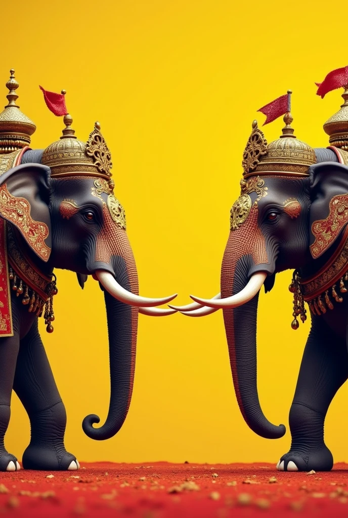 I want a template which I can use to create post on Instagram using that template everytime, theme is with yellow and red with two war elephants wearing war equipments and standing in two legs up on both left and right corner and lot of space in the middle