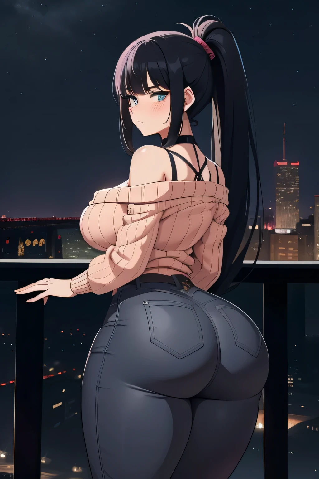 20-year-old woman, busty, bubble butt, huge  ass, hourglass figure, skinny, blushful, panic expression, lust, seducer, Bblack hair, long hair, bangss, ponytail hair, wearing a pink sweater, ribbed sweater, jeans, choker, tennis, close-fitting clothes, neckleace, half-drift, アニメ, city at night, out, punk, punk style, punk hair, Estilo Doujin, sleeved, flat-colors, 2d sleeved, Mecha, futuristic technology, shoulder straps, date, buckles, bared shoulders, focus on the ass