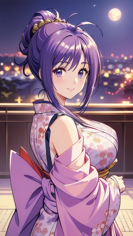 ((masterpiece, Highest quality, Highest quality, Official Art, beautifully、beautiful:1.2)),((masterpiece)),((Vibrant colors)),((Ayako Katagiri)),((A happy smile)),((kimono)),((looks fun)),(Shoulders exposed),(full moon),(Cherry Blossoms at Night),(2),(B Cup Bust),(Kyoto cityscape)