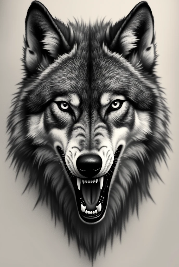Generate a tattoo design for the forearm that features a realistic face divided in half. On the left side, include the detailed face of a man with features inspired by the user's photo. On the right side, seamlessly blend the other half into a fierce and majestic wolf's face. The transition between the human and wolf should be smooth, symbolizing duality and strength. The style should be detailed and realistic, with a focus on shading and texture suitable for a forearm tattoo "Create a black and grey tattoo design for the forearm showing a split face. On the left side, include a realistic human face inspired by the user's photo. On the right side, transition into a fierce, aggressive wolf with bared teeth and sharp eyes. The wolf should have a menacing expression, emphasizing raw power and intensity. The overall style should be detailed, focusing on high-contrast shading, sharp lines, and textures that highlight the ferocity of the wolf. No colors, only grayscale tones to enhance the dramatic effect."