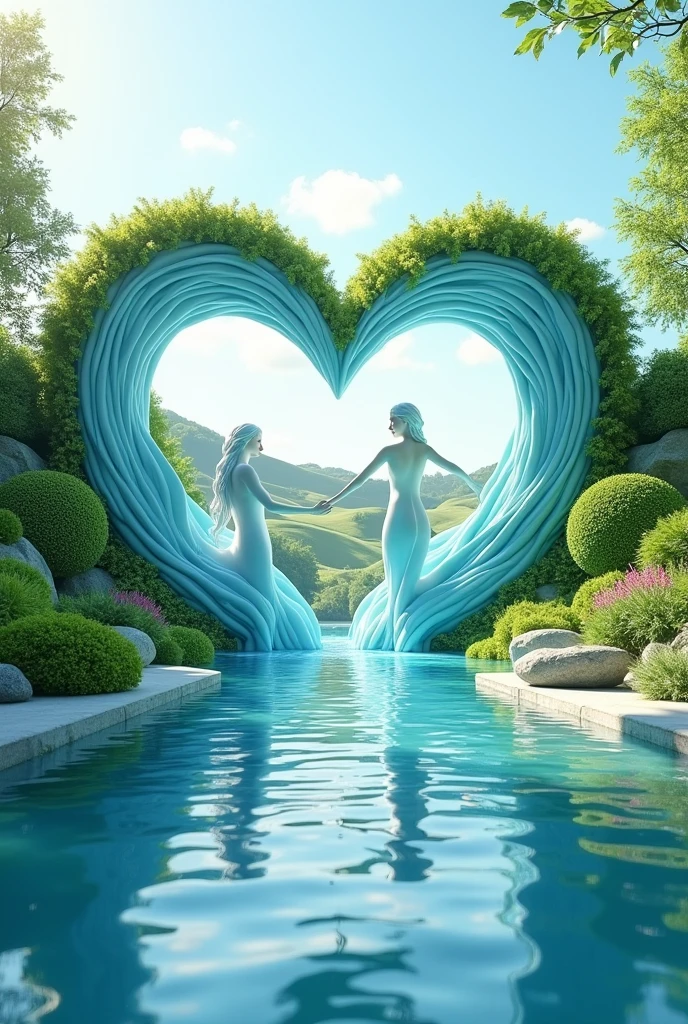 (photorealism:1.2), beautiful water design, beautiful abstract figures made of water, masterpiece, a heart made of water with joyful landscape, fresh and modern style
