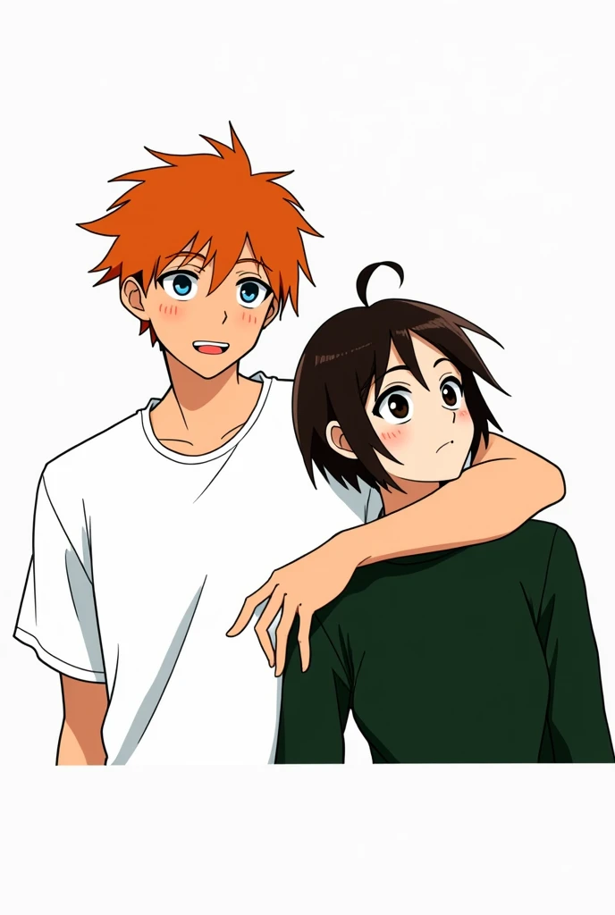 Guy with orange hair and blue eyes, white T-shirt, dark gray pants, holding a girl with very short dark brown hair, black eyes, in a dark green shirt and dark brown skirts, anime art, masterpiece, realistic, over-detailed, professional quality