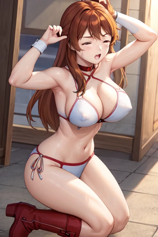 masterpiece, best quality, beautiful art, high resolution, well formed hands, body and fingers, 1 woman, solo, Meg, full body picture, grown up, adult, large and big breasted, cleavage, hair ornament, wearing a Tyris Flare outfit , white_bikini, full body, sexy and skimpy bikini, gorgeous hips, legs and thighs bouncing breasts, red boots, ryona , in peril, she is being beaten up by her opponent, closed eyes, she is knocked down and she is slapped in the face , she falls down backwards, falling down on the floor, receiving the impact of her opponent's attacks, closed eyes, screaming in pain and agony, heroine in peril, ryona and perilous scene, bouncing breasts, weak and helpless, martial arts tournament on the beach