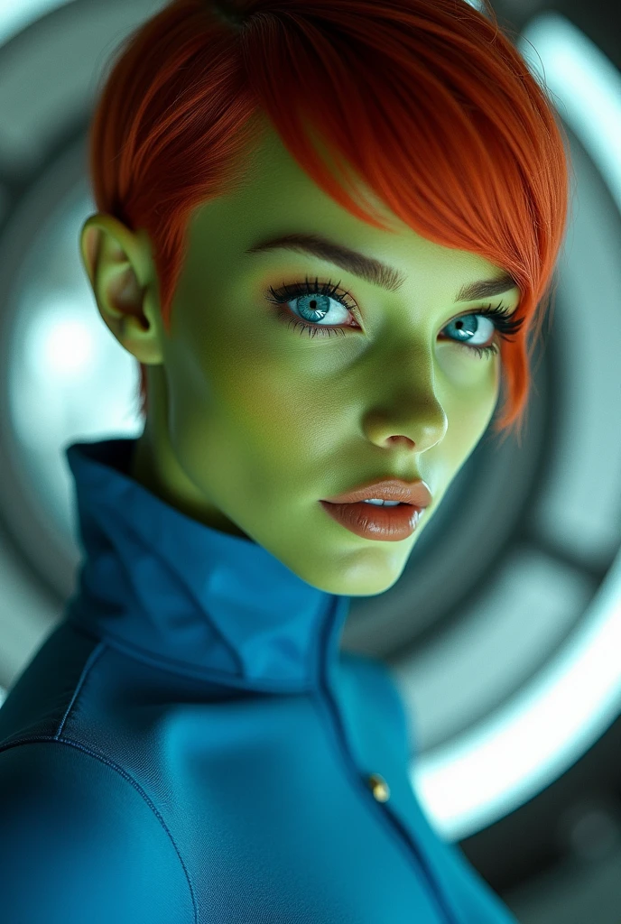 A green skinned girl, wearing a blue space shirt, spaceship interior background. Her eyes are blue. She has red short masculine hair. Beautiful detailed face