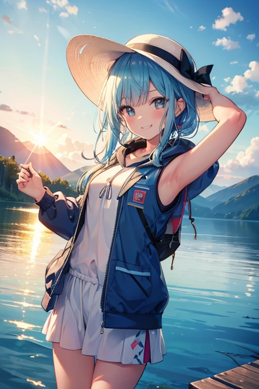 A girl, rainbow trout, Fish hanging on a fishing line, Armpit, arm, morning lake, water surface shining in the morning sun, fishing jacket, fishing hat, grin,