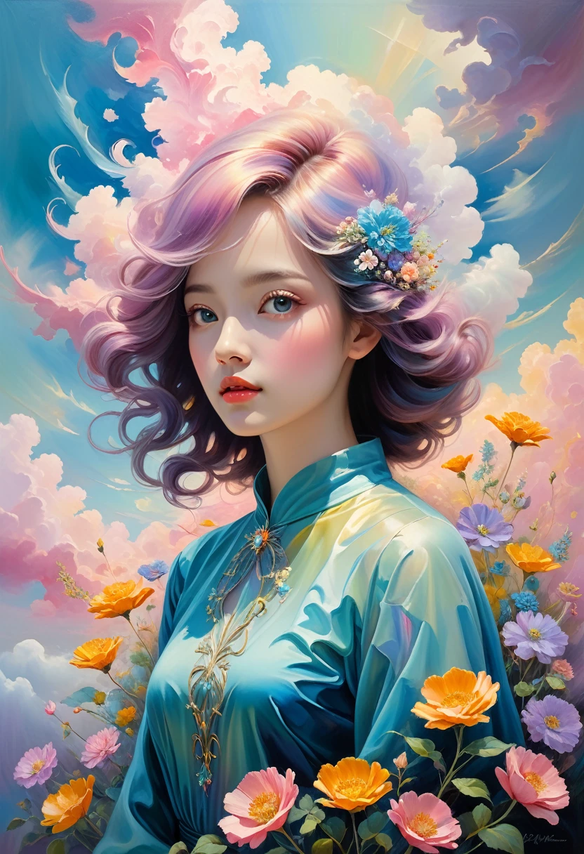 (((Stylistically diverse))), detailed scenes, quirky twist, unique visuals, clouds, and flowers, abstract, surreal âPainted light, âPastel colours, â, âIsolated subjects, â âinnocent colours, Soft Lighting, heavy inky shadows, detailed and intricate environment, A masterpiece, tracing effects, oil painting aesthetic, heavy brush strokes, mystical allure, Oil painting âImpressionistic, â âImpressionistic.âBeautiful details, stylized art aesthetic, Broken Glass effect, no background, stunning, something that even doesn't exist, mythical being, energy, molecular, textures, iridescent and luminescent scales, breathtaking beauty, pure perfection, divine presence, unforgettable, impressive, breathtaking beauty, Volumetric light, auras, rays, vivid colors reflects