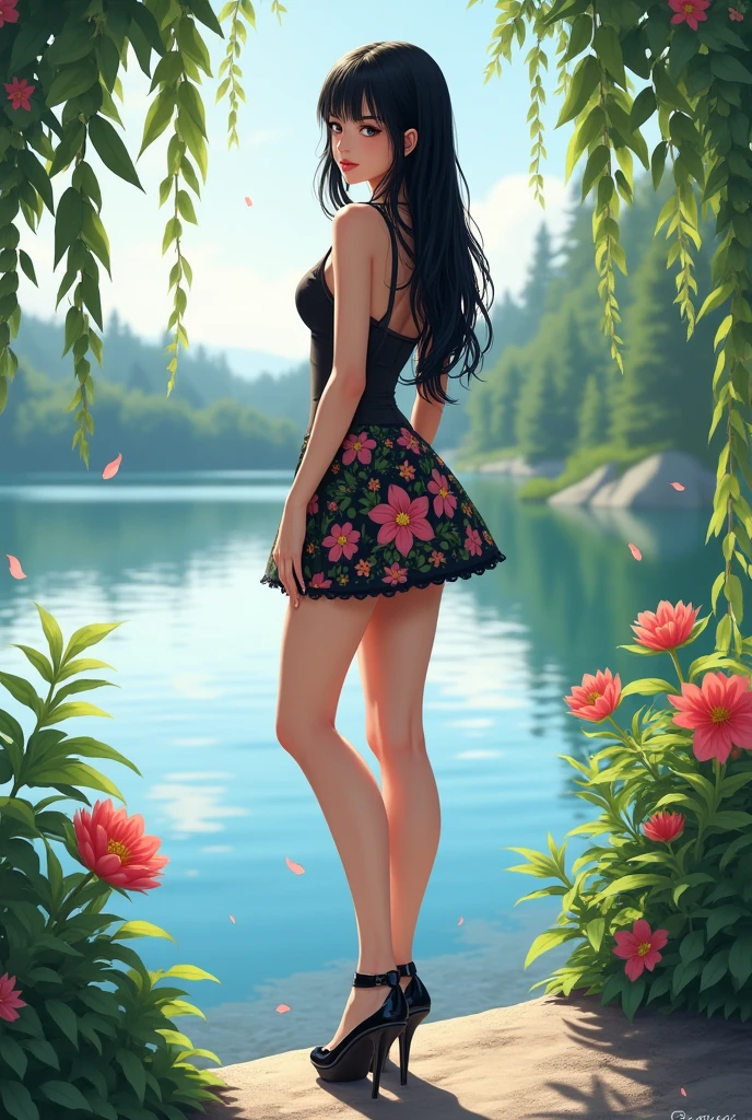 Beautiful Girl,Sexy short dress,Black Hair,Bangs,High heel,Lakeside,Floral skirt