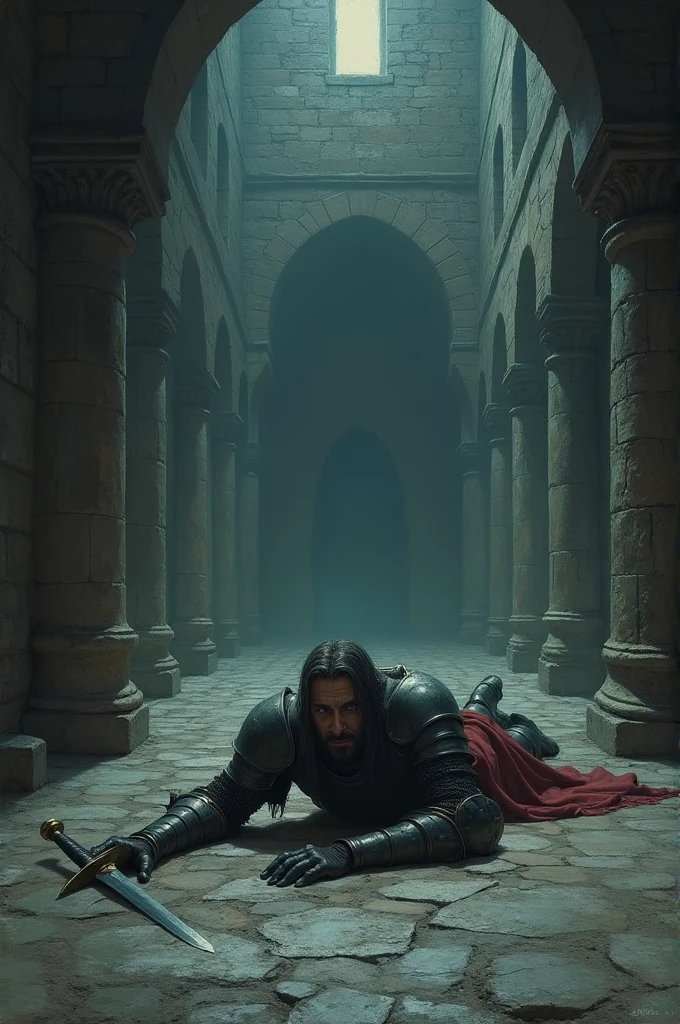 A Knight laying on the castle's floor as he awaits his misery