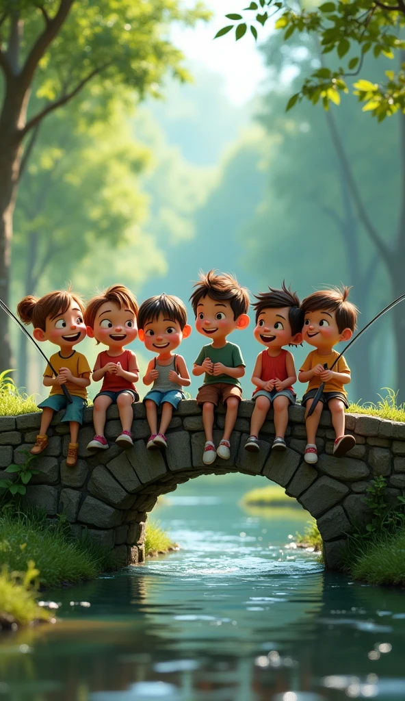 animated, pixar style, group of kids, friends, sitting together on the edge of a small stone bridge over a small forest stream and fishing, fun, joy, fooling around,
