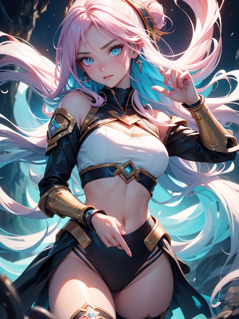 Master piece,best quality,ultra-detailed,high resolution,octane render,The overall image is of high quality, with a resolution of 4k or 8k.best quality,intricate details,absurdres,highres,cute and beautiful girl,valkyrie,(1 girl),beautiful face,seductive young girl,female focus,full body,(perfect body),cool,Her face is extremely detailed and expressive.kawaii,the girl exudes confidence and elegance,Her pose and expression convey a sense of empowerment and strength.(Two-toned hair with pink and light blue tips),single braid,(hair, realistic:1),She has long eyelashes that add to her captivating appearance,The girl's hair is styled in a sleek and sophisticated,big bright green eyes, glowing eyes, (beautiful detailed eyes),highly detailed face and hair,pale eyes,a well-defined nose,pinky skin,glowing and smooth skin,faint lips,((best relationship with four fingers and one thumb)),seductive and confident smile,standing,(((fighting stance))),Amidst a cosmic battle,an interstellar warrior girl in cosmic combat armor fought against extraterrestrial adversaries with a blend of technology and martial arts,her bravery shining through,gold accents,holding hair gold ornament.side-tie panties,garter belt,purple Stockings,bare shoulders,Torn clothes,expensive,midriff peek,allure pose,(tentacle pit),red tentacle,black Choker with chains,bracelet with chains,silver earrings,Blushing face,emphasizing her facial expression and beautiful body lines,dynamic angle,from below,sweat,perspired,steam,wet,fantasy,in cave with tentacles,creating a visually stunning effect,adding to the overall appeal,excited expression towards the camera,psychedelic,light Red eyeshadow