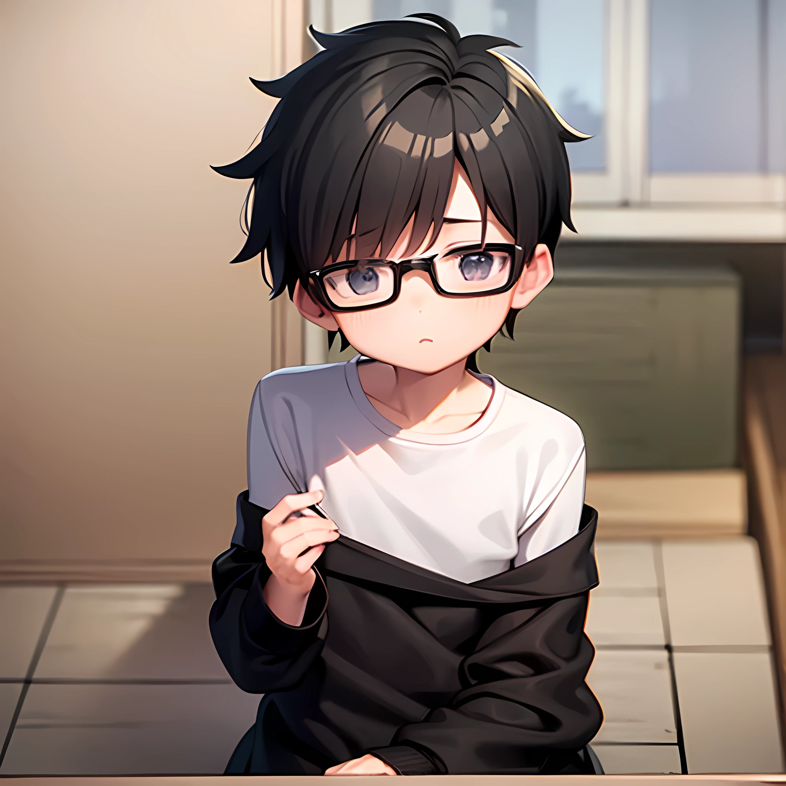 One Boy、Childish、Young、Gray square glasses、Sports haircut、Calm、Quiet personality、Introvert、Small build、low length、Black clothing、Black Hair、Studying at a desk、View your viewers、mechanical pencil、1 notebook、Sitting、