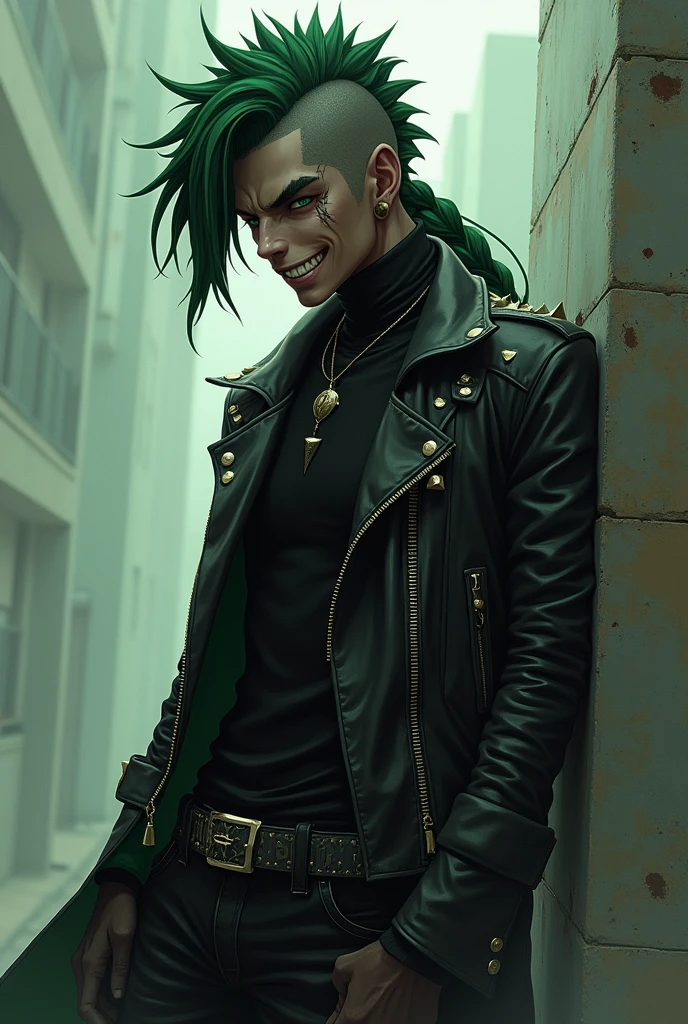 An anime styled black man. He's tall, skinny, has dark green hair with shaved temples, has a long braid behind his back. He has sharp teeth, light green eye, he has a big scar where second eye should be He's styled in metal punk style. Wears a leather coat with spikes, skinny black jeans 